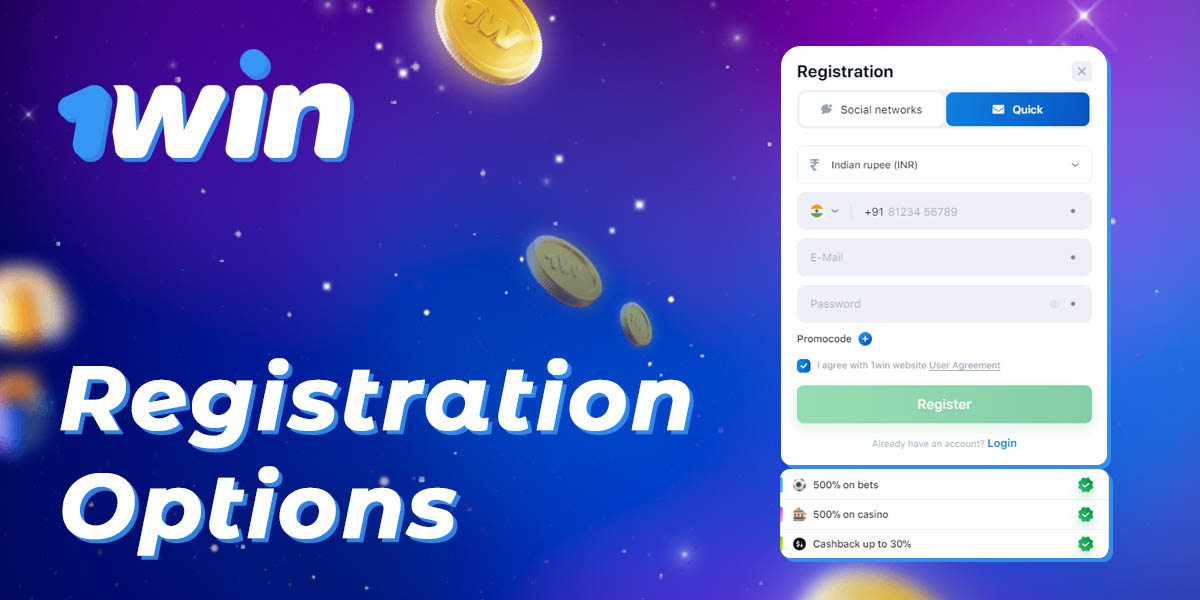 What are the registration options available on 1Win for Indian users?
